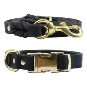 Heavy Duty Leather Dog Collar and Leash Set for Large Dogs with Anti-Slip Handle