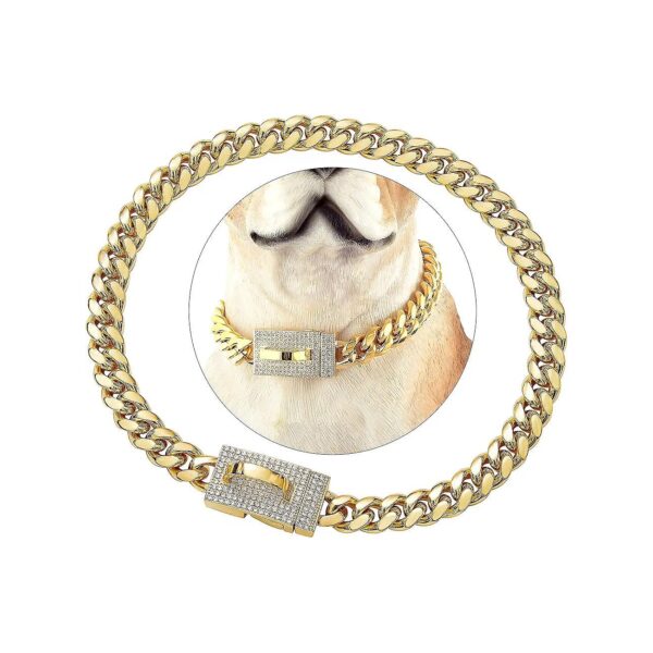 Heavy Duty Metal Gold Plated Dog Collar with 10MM Wide Cuban Link Chain and Secure Buckle