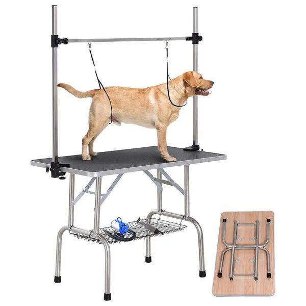 Heavy Duty Pet Grooming Table with Adjustable Height and Metal Mesh Tray for Large Dogs