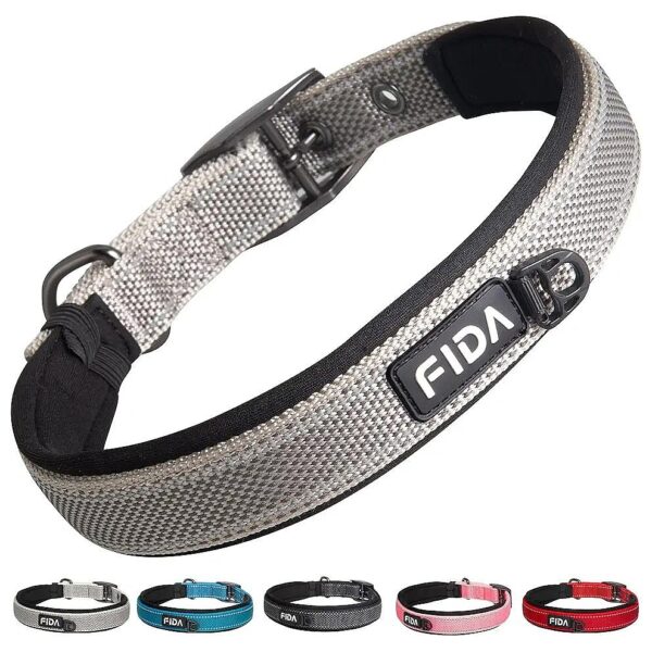 Heavy Duty Soft Padded Dog Collar for Medium Breeds Grey Nylon Reflective Buckle