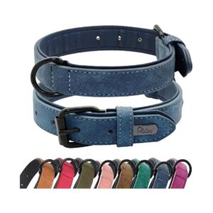 Heavy Duty Soft Padded Leather Dog Collar with Adjustable Rust-Proof Metal Buckle Blue