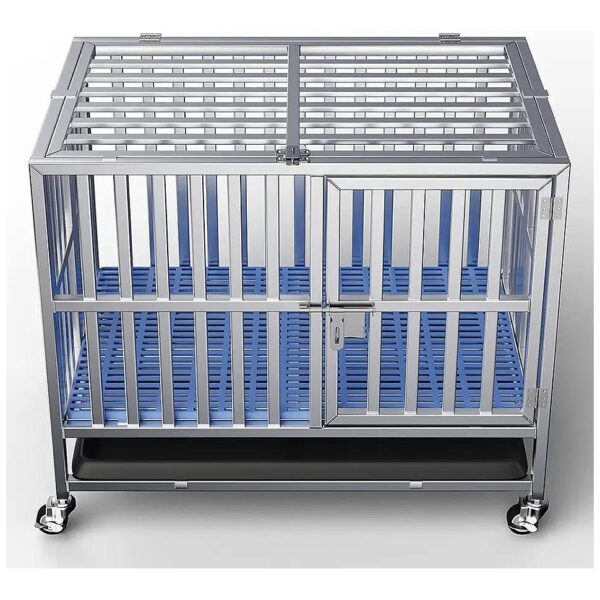 Heavy Duty Stainless Steel Folding Dog Crate on Lockable Wheels for Small Pets