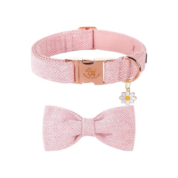 Herringbone Pink Cotton Dog Collar with Handmade Bow for Large Dogs