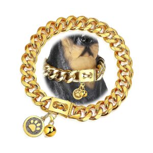 High-End Gold Dog Chain Collar with Snap Buckle and Customizable Dog Tag for Pet Lovers