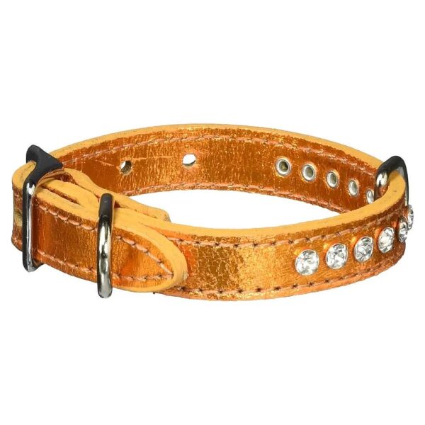 High Grade Leather Dog Collar with Metallic Apricot Pattern and Crystal Accents