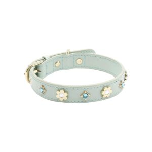 High-Quality PU Leather Dog Collar with Crystals and Green Floral Pattern for Small Dogs