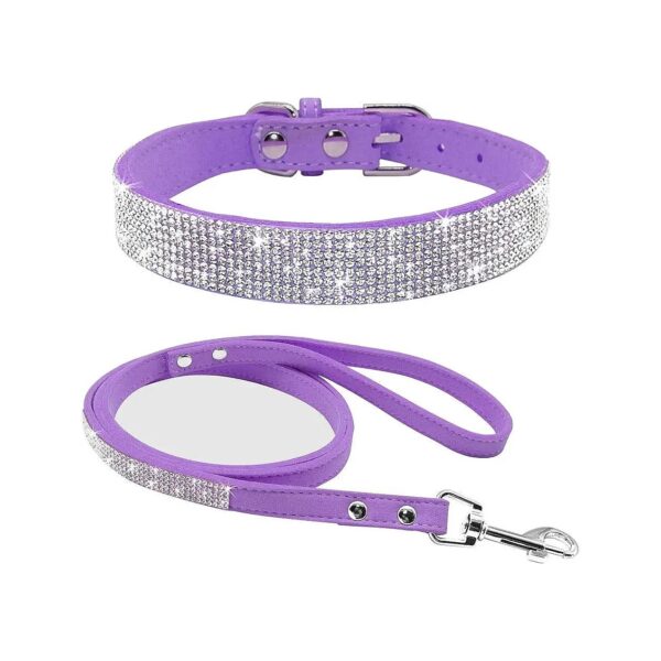 High Quality Rhinestone Lavender Dog Collar with Leash Set for Small Dogs and Puppies