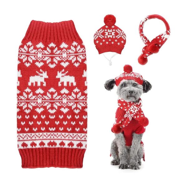 Holiday Reindeer Dog Sweater Set with Scarf and Hat for Small Dogs Medium