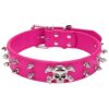 Hot Pink PU Leather Dog Collar with Skull Pattern and 2 Rows of Rivets for a Stylish Look