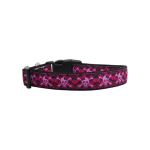 Hot Pink Plaid Skull Pattern Nylon Dog Collars Medium