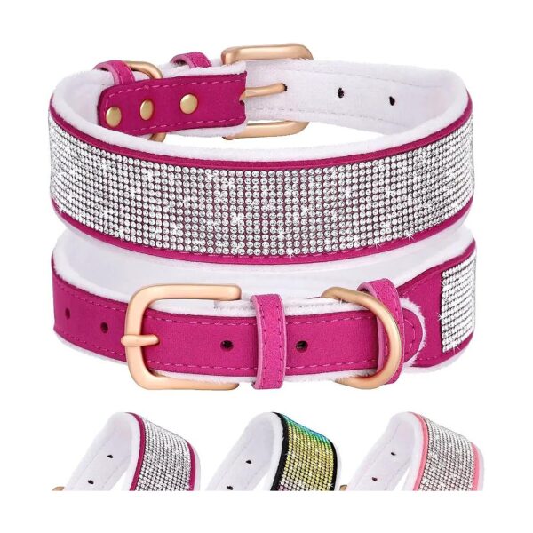 Hot Pink Velvet Soft Lined Rhinestone Crystal Dog Collar for Medium Large Dogs