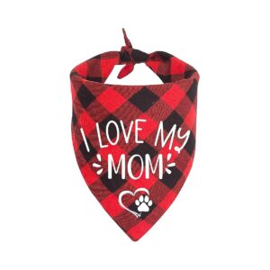 I Love My Mom Red Plaid Cotton Triangle Pet Dog Bandanas for Pet Fashion Accessories Gift