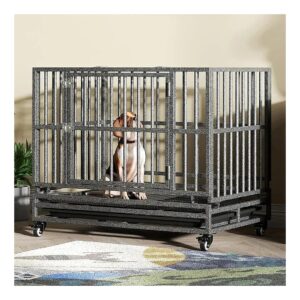 Indestructible Dog Crate Kennel with Thick Metal Construction and Lockable Wheels