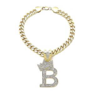 Initial Letter Cuban Chain Dog Long Necklace with 14K Gold Color Plated Pendant 12