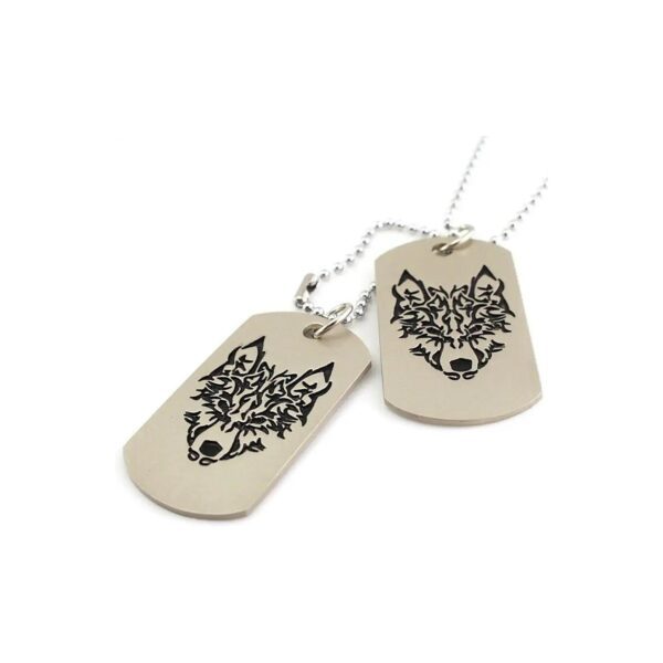 Khaki Military Dog Tags 2Pcs Pendants Beads Chain Necklace Black Wolf Head