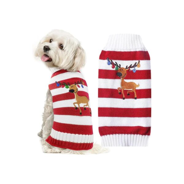 Knitted Christmas Dog Sweater With Stripe Elk Pattern And High Neck