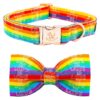 LGBT Rainbow Dog Collar with Handmade Bowtie and Adjustable Length for Medium Dogs