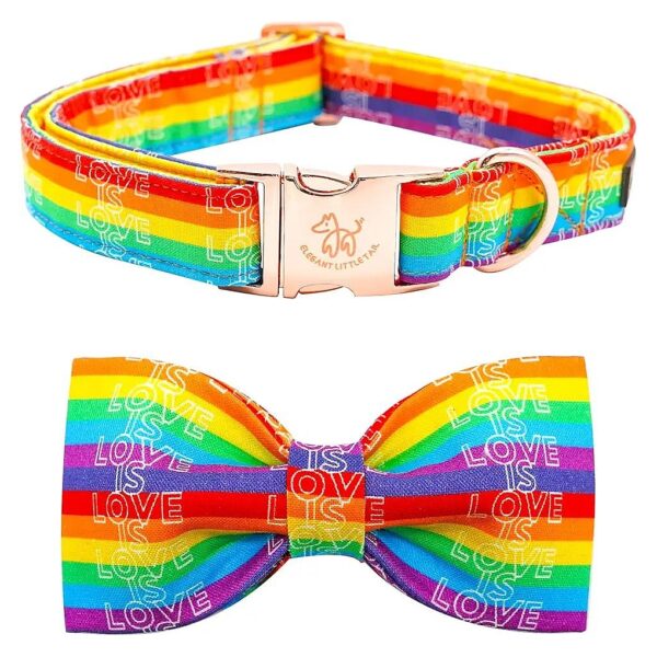 LGBT Rainbow Dog Collar with Handmade Bowtie and Adjustable Length for Medium Dogs