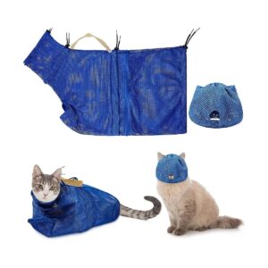 Large Adjustable Cat Muzzle and Common Size Cat Bathing Mesh Bag for Cats of All Breeds