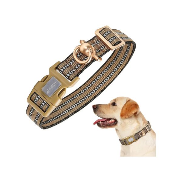 Large Adjustable Nylon Dog Collar with Reflective Threads for Medium Dogs Army Yellow