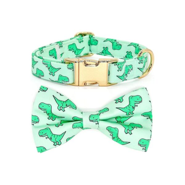 Large Breed Dog Collar with Green Dinosaur Pattern and Bowtie