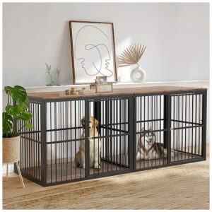 Large Breed Dog Crate TV Stand with Double Room Wooden Kennel End Table for Medium Dogs