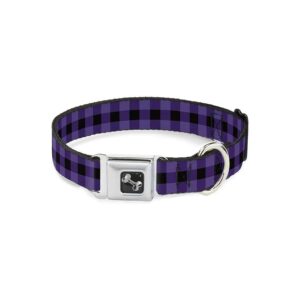 Large Buffalo Plaid Black Purple Polyester Dog Collar with 5 Wide Buckle Closure