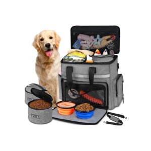 Large Capacity Dog Travel Organizer with 2 Leakproof Food Bags and 2 Dog Bowls