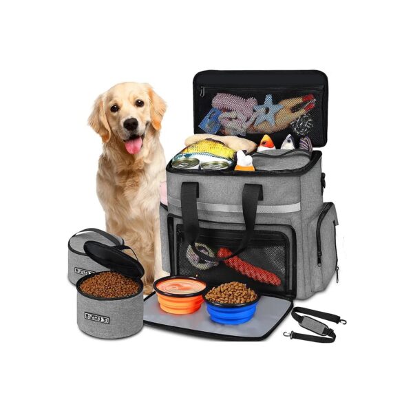 Large Capacity Dog Travel Organizer with 2 Leakproof Food Bags and 2 Dog Bowls