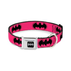 Large Dog Collar with Fuchsia and Black Fuchsia Bat Signal Pattern and Seatbelt Buckle