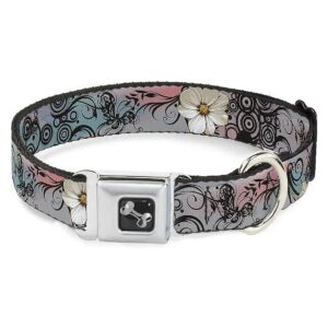 Large Dog Collar with Seatbelt Buckle Style Features Pink Flowers and Filigree Accents