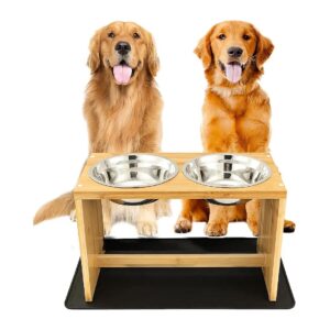 Large Dog Feeding Station with Bamboo Bowls and Nonslip Pad for Easy Cleaning