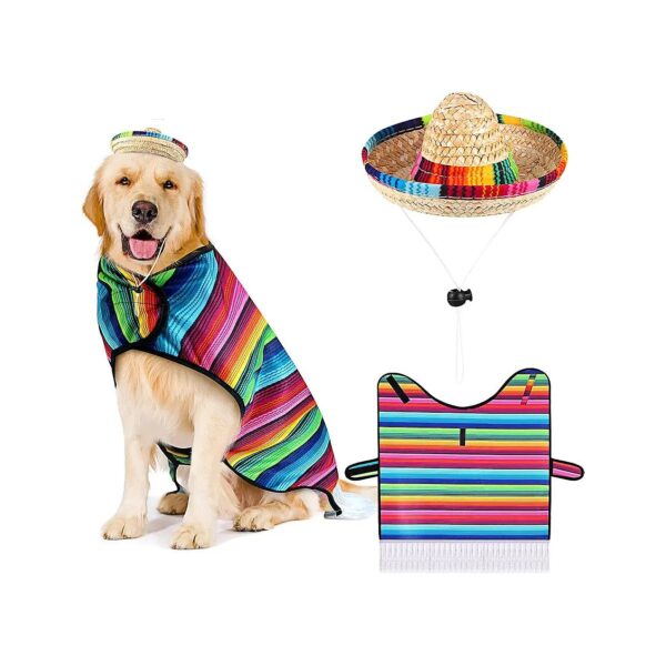 Large Dog Mexican Party Hat and Poncho Costume Set, Multicolor, Adjustable