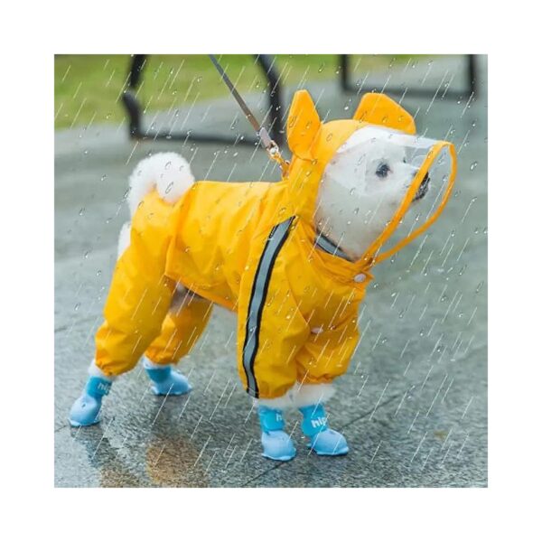 Large Dog Raincoat with Bear Shape Hood and Reflective Strip for Rainy and Snowy Weather