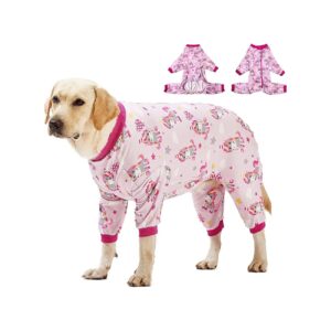 Large Dog Recovery Pajamas with Unqlorn Rose Pink Print for Post Surgery UV Protection