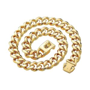 Large Dogs' 19MM Wide Heavy Duty Stainless Steel Chain Collar with Gold Cuban Link Design