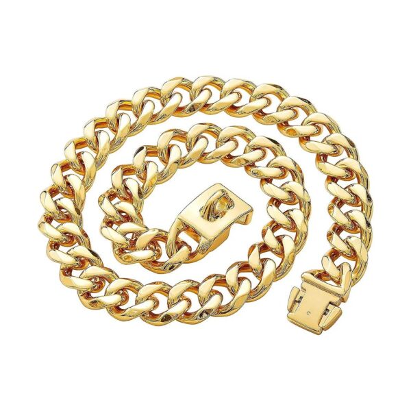 Large Dogs' 19MM Wide Heavy Duty Stainless Steel Chain Collar with Gold Cuban Link Design