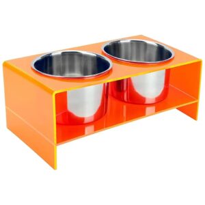 Large Elevated Acrylic Dog Food Bowl Feeder with Neon Orange Stainless Steel Bowls