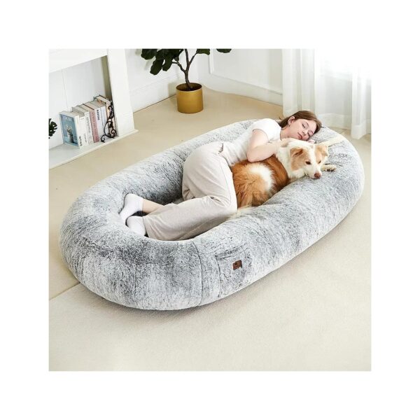 Large Grey Dog Bed with Memory Foam and Faux Rabbit Fur for Comfortable Sleeping