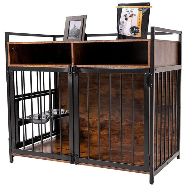 Large Heavy Duty Dog Crate with Adjustable Raised Feeder and Drawers for Storage