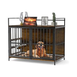 Large Metal Dog Crate Indoor Furniture with Adjustable Dog Feeder and Strong Construction