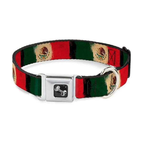 Large Multicolor Dog Collar with Seatbelt Buckle and Mexico Flag Distressed Painting