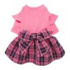 Large Pink Plaid Knitted Dog Sweater Dress with Ruffle Sleeves for Small Dogs and Cats