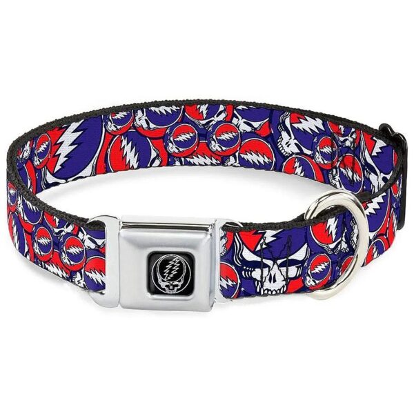 Large Polyester Seatbelt Buckle Dog Collar Steal Your Face Red White Blue