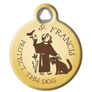 Large Round Stainless Steel Dog ID Tag with St Francis Christening Gift Idea