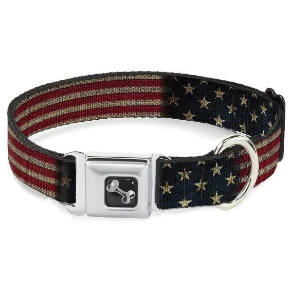 Large Seatbelt Buckle Dog Collar with Vintage US Flag Stretch Collie Style