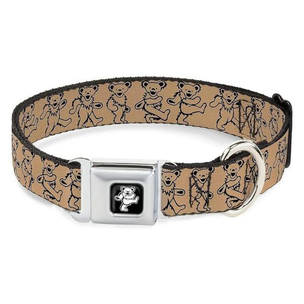 Large Size Dog Collar with Dancing Bears Tan Black Patent Buckle Closure Polyester