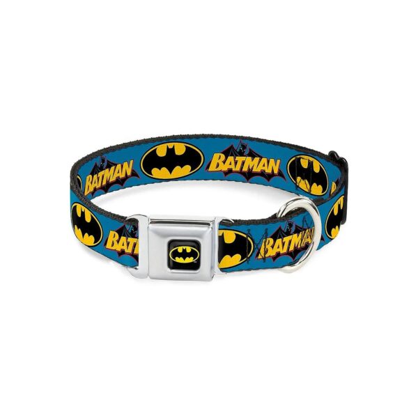 Large Size Dog Collar with Vintage Batman Logo and Bat Signal Blue Nylon Buckle