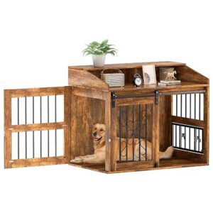 Large Space Heavy Duty Wooden Dog Crate Furniture with Sliding Barn Door for Big Dogs