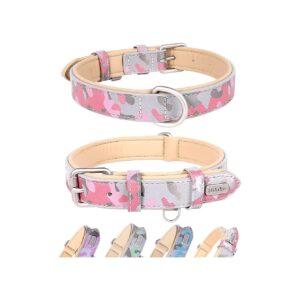 Leather Adjustable Dog Collar for Medium Large Dogs with Reflective Camo Pattern Pink